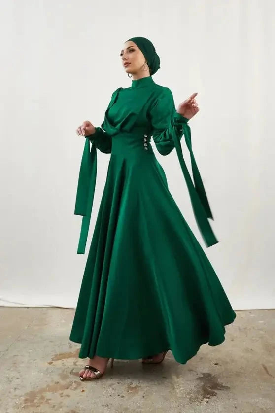 Gözde Düğmeli Tesettür Abiye - Somon