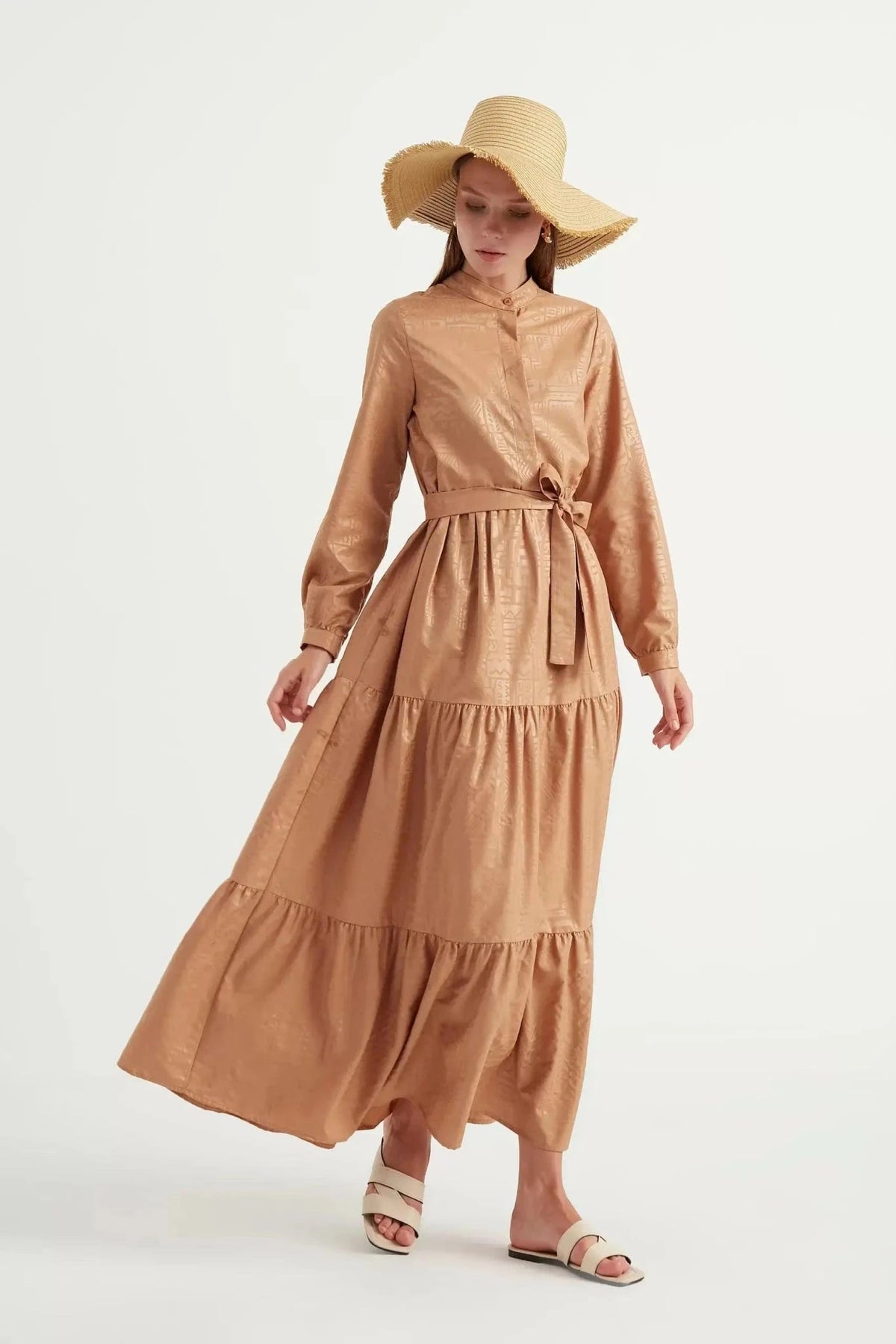 Yakma Desen Elbise - camel