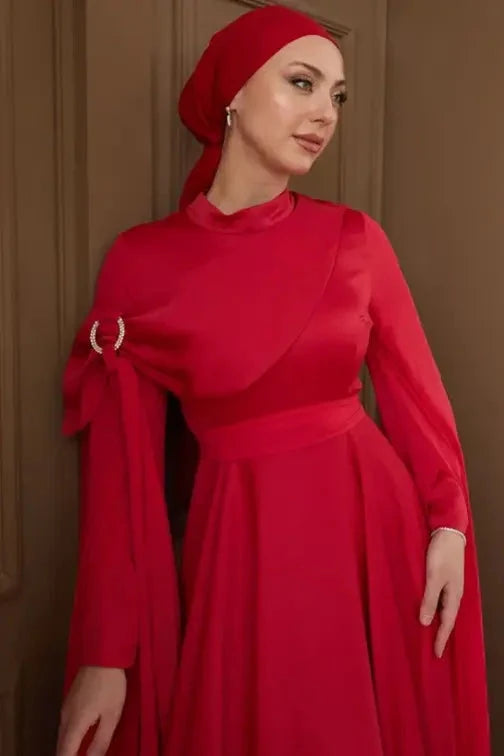 Melisa Taşlı Tesettür Abiye - Kırmızı