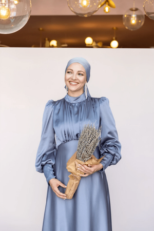 Dilay Tesettür Abiye -Gri - Mavi